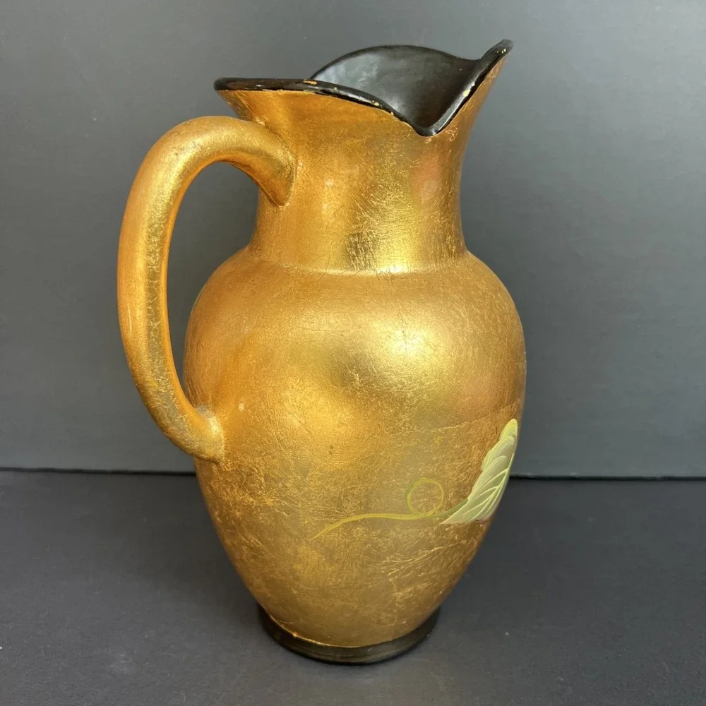 VTG Gold Gilt Hand Painted Fruit Pitcher Vase Stoneware Japan Style 9.5